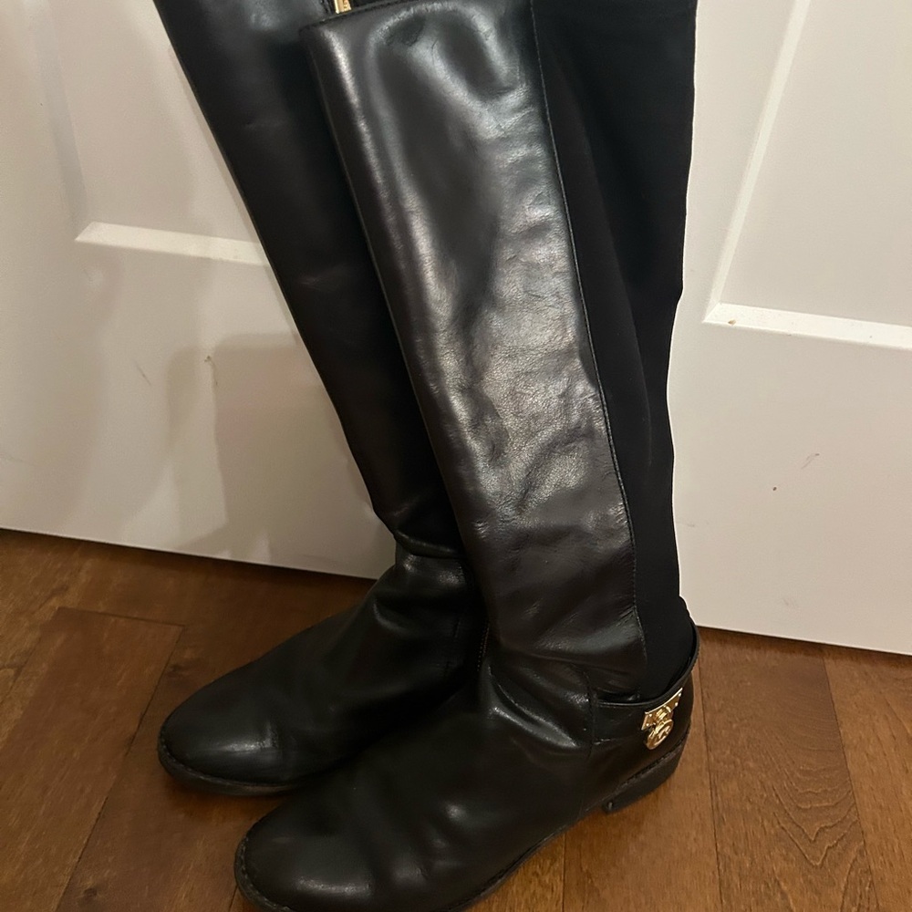 Michael Kors Black Leather Knee-High Riding Boots with Gold Accent & Zipper, 7.5 - Picture 3 of 10